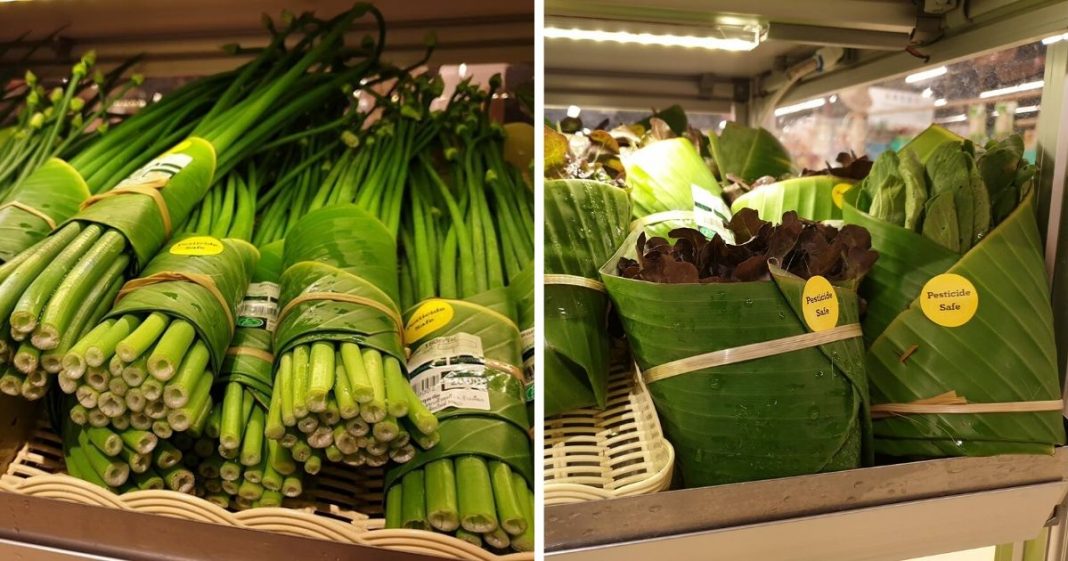Supermercado na Tailândia troca embalagem plástica por folhas de bananeira