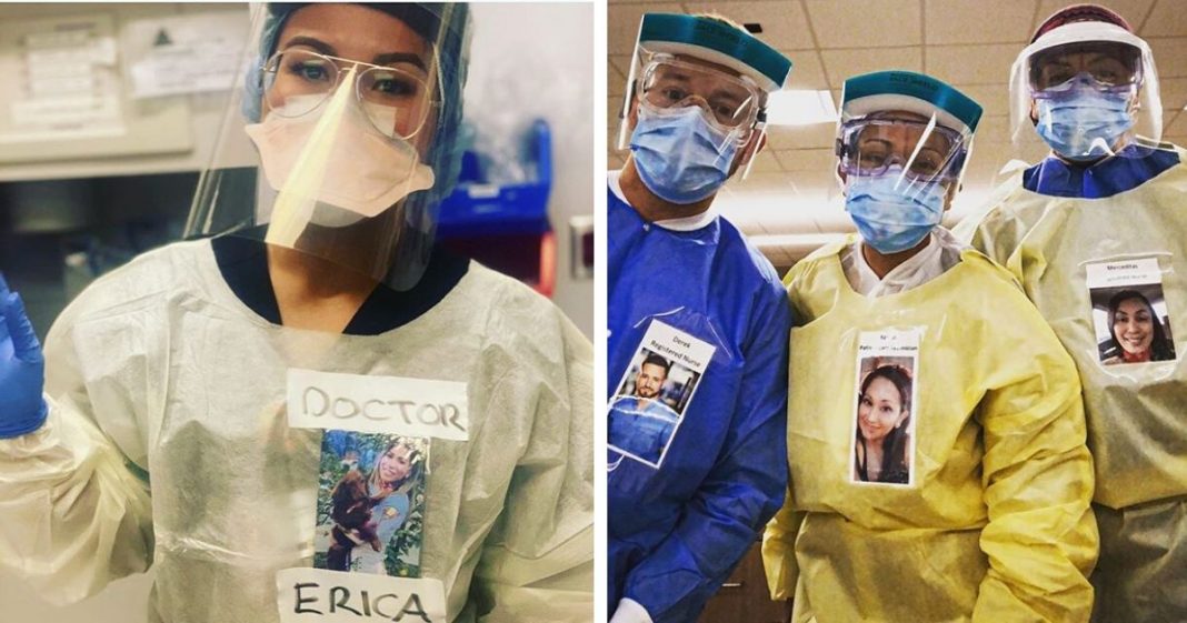 Profissionais da saúde colocam fotos sorrindo em suas roupas para humanizar atendimento a covid-19