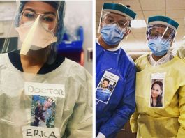 Profissionais da saúde colocam fotos sorrindo em suas roupas para humanizar atendimento a covid-19