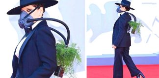 Bárbara Paz usa máscara de oxigênio com planta e impacta Festival de Cinema de Veneza 2021 Bárbara Paz usa máscara de oxigênio com planta e impacta Festival de Cinema de Veneza 2021