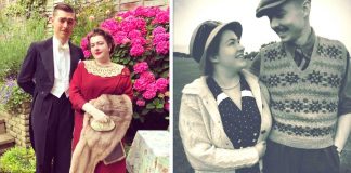 Jovem casal vive como se fosse 1930 com roupas vintage, casa, objetos e carro Jovem casal vive como se fosse 1930 com roupas vintage, casa, objetos e carro