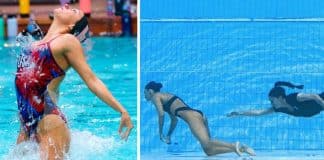 Nadadora americana desmaia e afunda na piscina durante apresentação de nado sincronizado Nadadora americana desmaia e afunda na piscina durante apresentação de nado sincronizado