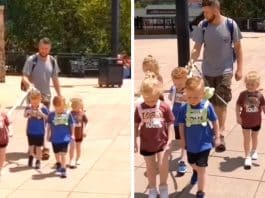 Pai divide opiniões por usar coleira para sair com seus quíntuplos, 5 anos, para passear